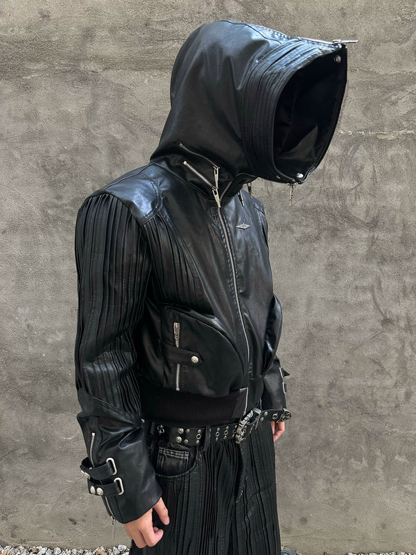 PLEATED LEATHER HOODED JACKET
