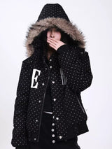 POLKA DOT HOODED JACKET WITH FUR COLLAR