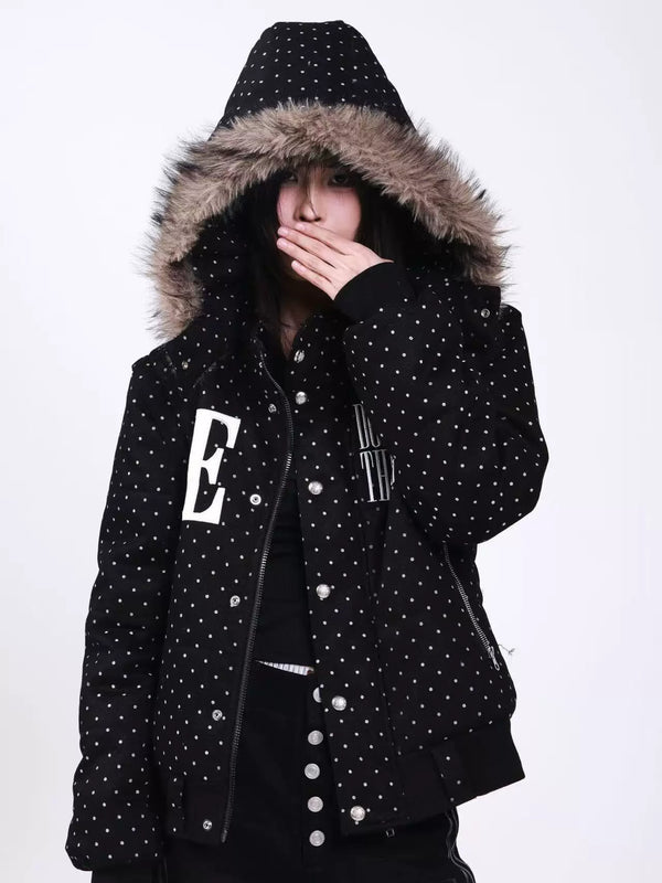 POLKA DOT HOODED JACKET WITH FUR COLLAR