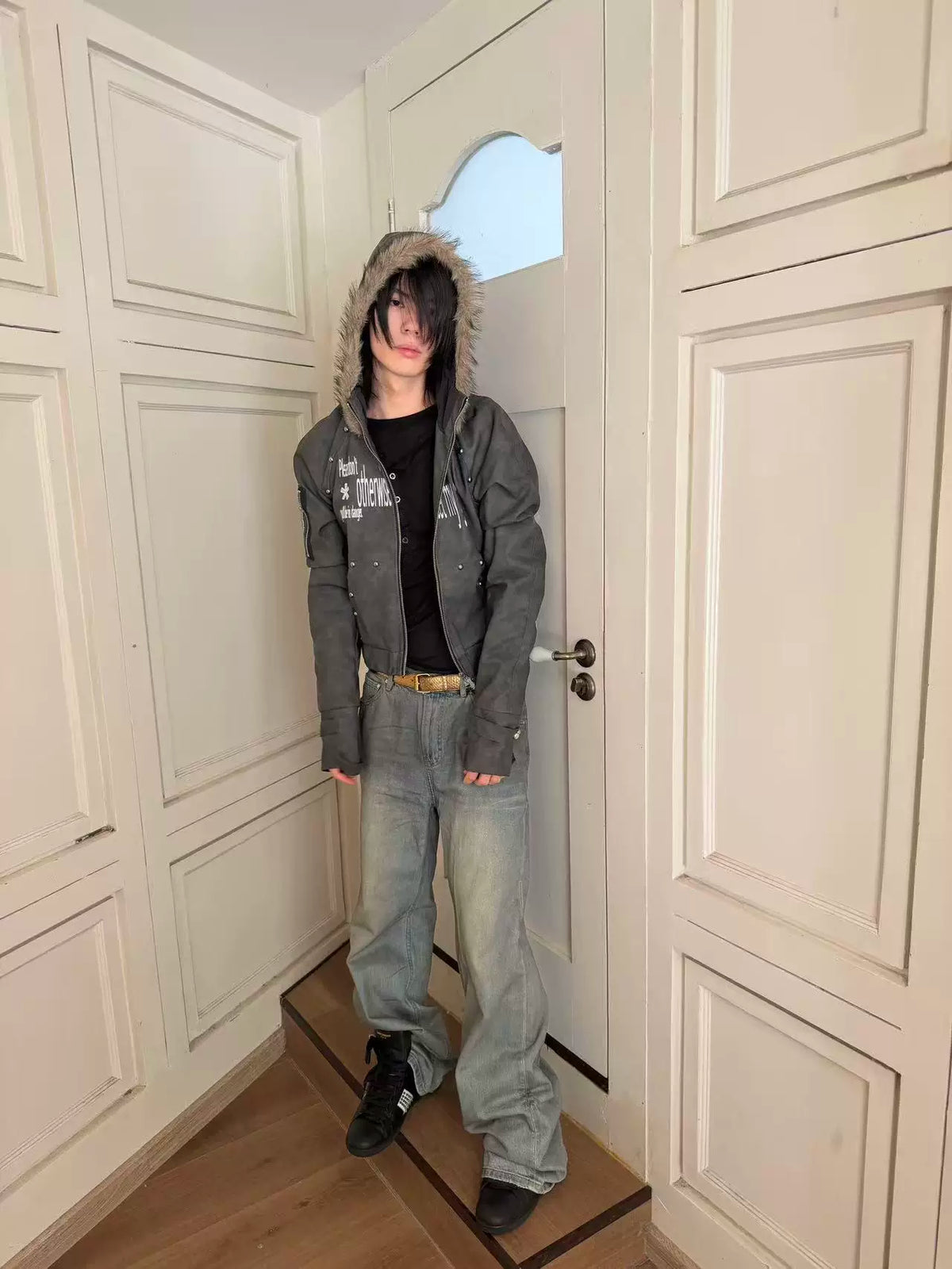 RIVET PRINT HOODED LEATHER JACKET