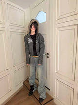 RIVET PRINT HOODED LEATHER JACKET