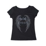 RHINESTONE WINGED U NECK T-SHIRT
