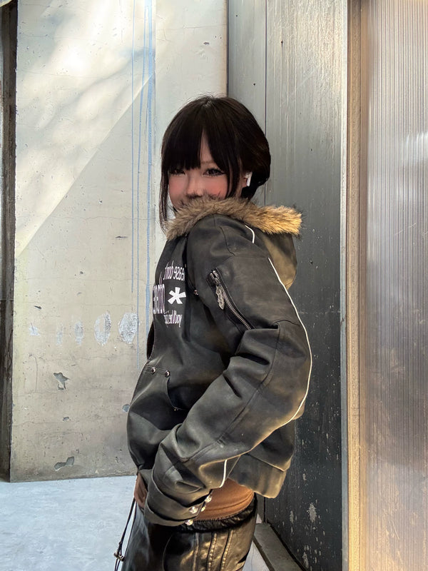 RIVET PRINT HOODED LEATHER JACKET