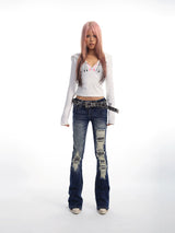 BLUE DESTROYED FLARE PANTS