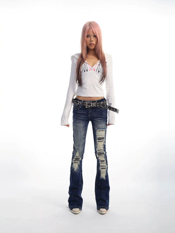 BLUE DESTROYED FLARE PANTS