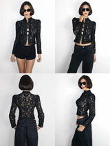 LACE CROCHET STAND-UP COLLAR TOP