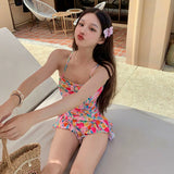 RUFFLED BOW-PRINT ONE-PIECE SWIMSUIT