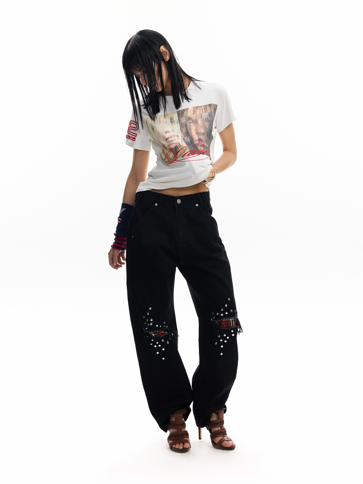 EMBELLISHED CHECKERED STREET JEANS