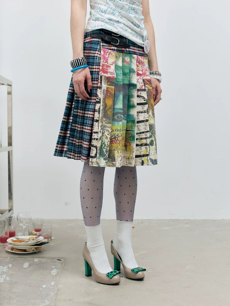 PLAID PLEATED LEATHER SKIRT