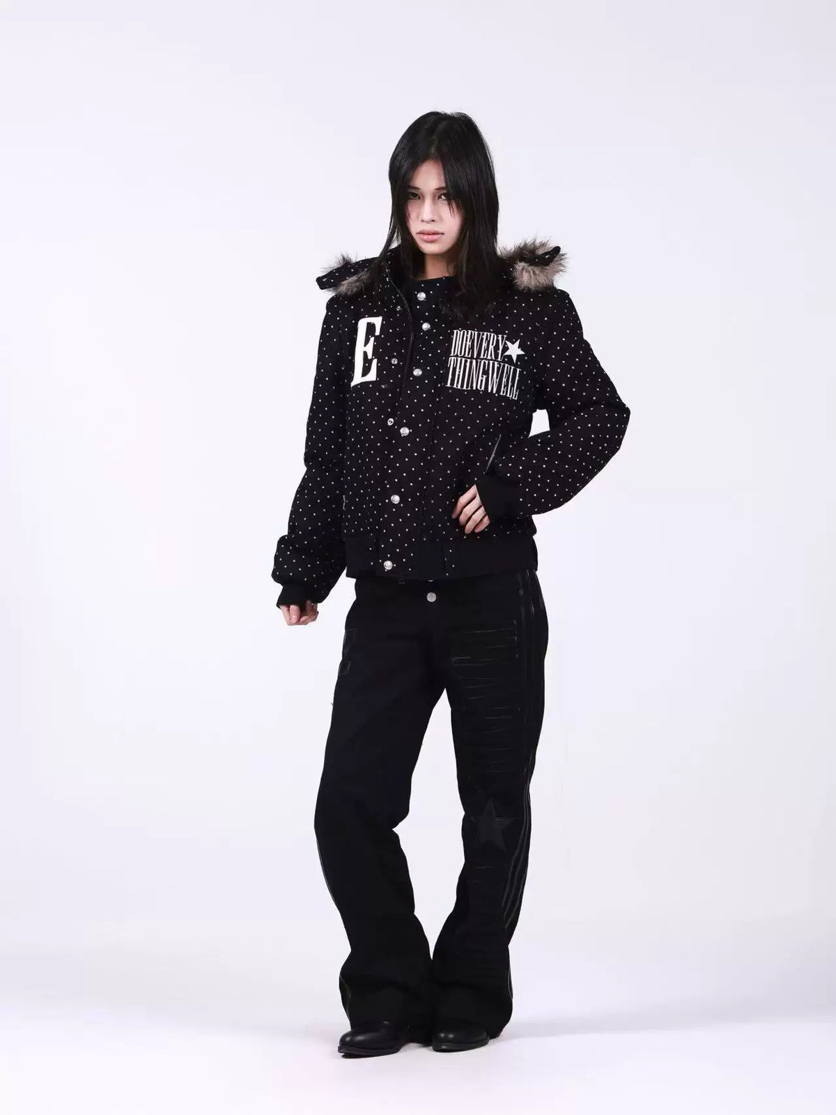 POLKA DOT HOODED JACKET WITH FUR COLLAR