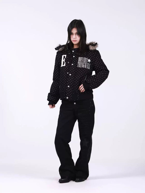 POLKA DOT HOODED JACKET WITH FUR COLLAR