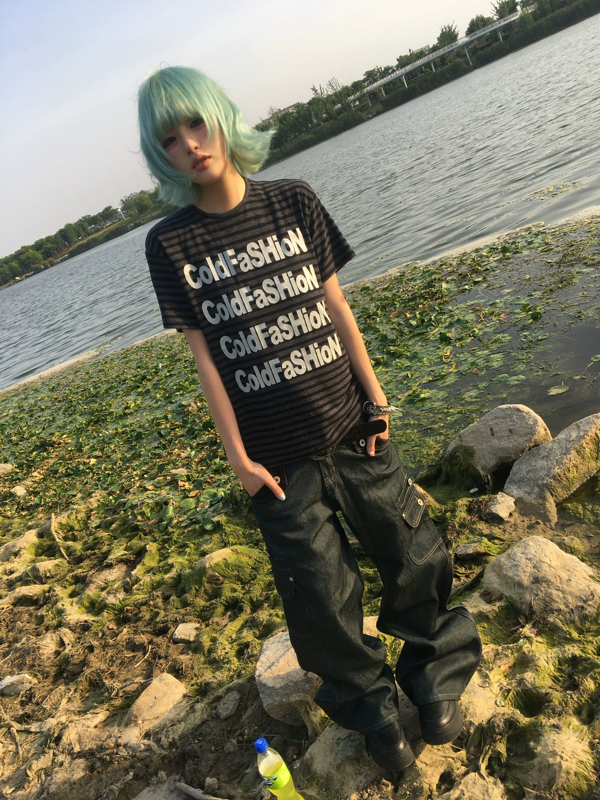 SHINY SILVER STRIPED T-SHIRT
