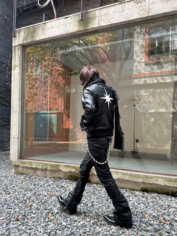 EMBROIDERED LEATHER ZIPPER JACKET