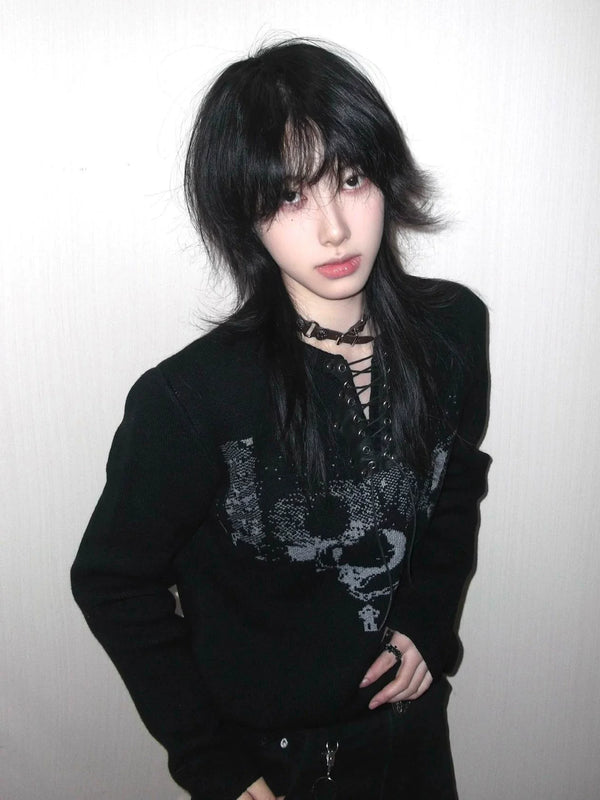 BLACK KNIT SWEATER WITH TIE COLLAR