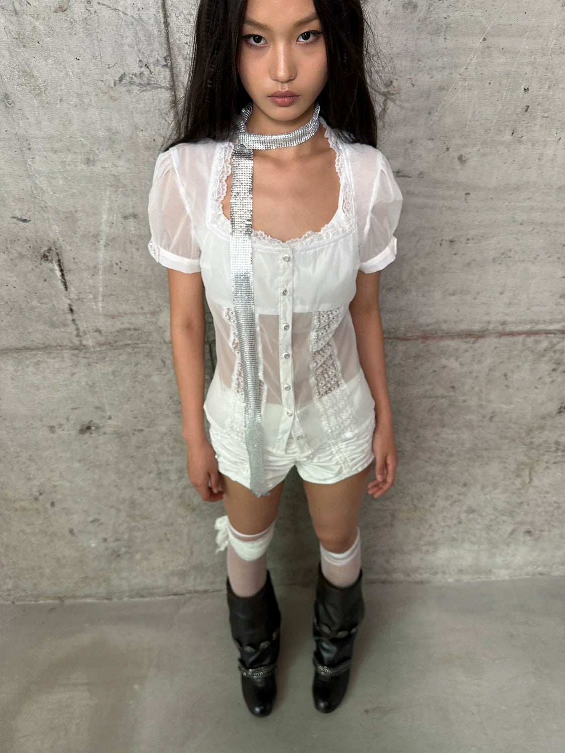 LACE SLEEVE SQUARE NECK BLOUSE