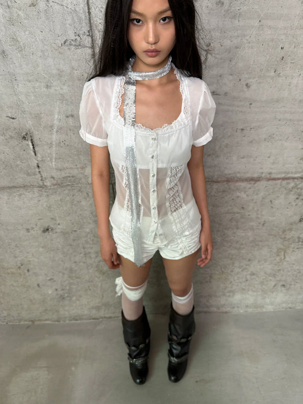 LACE SLEEVE SQUARE NECK BLOUSE