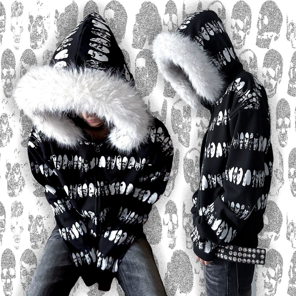SKULL STRIPED ZIPPER SWEATSHIRT