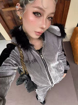 VINTAGE SILVER VELVET HOODIE JACKET