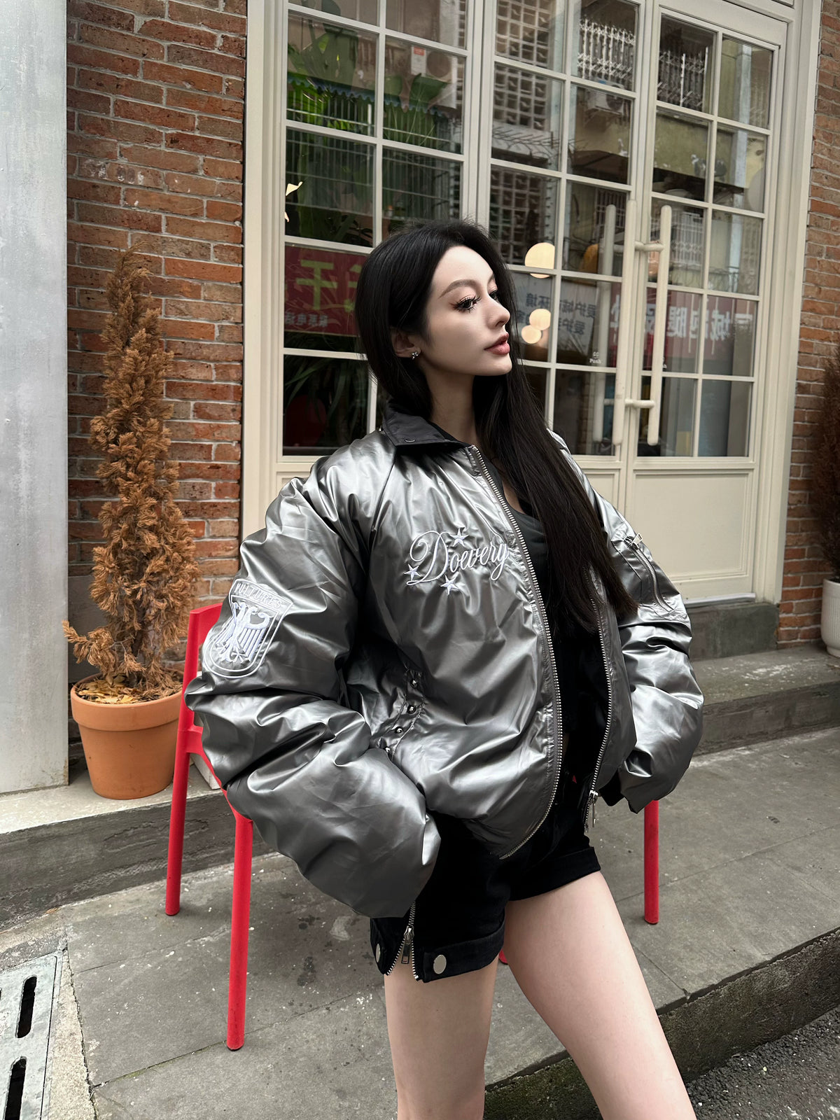 METALLIC PLEATED BOMBER JACKET