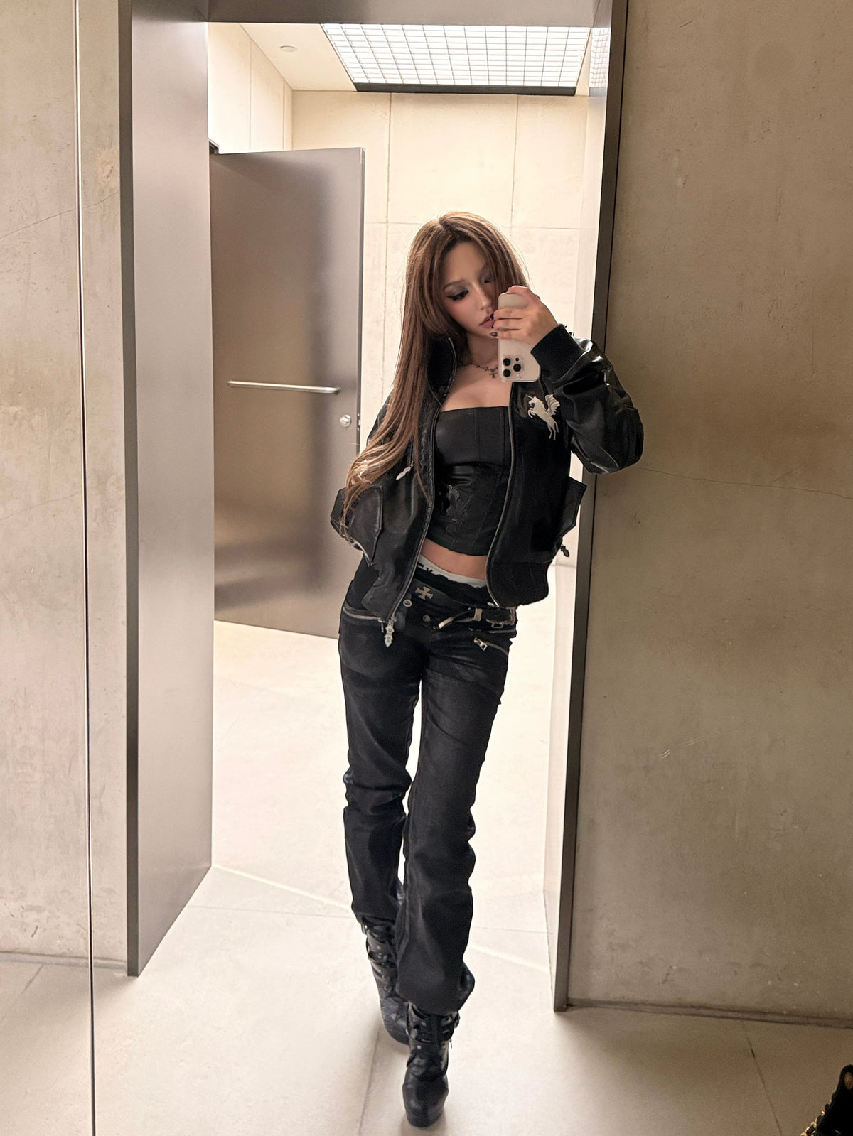 EMBROIDERED LEATHER ZIPPER JACKET