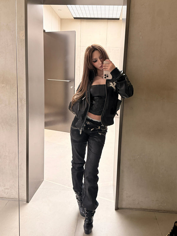 EMBROIDERED LEATHER ZIPPER JACKET
