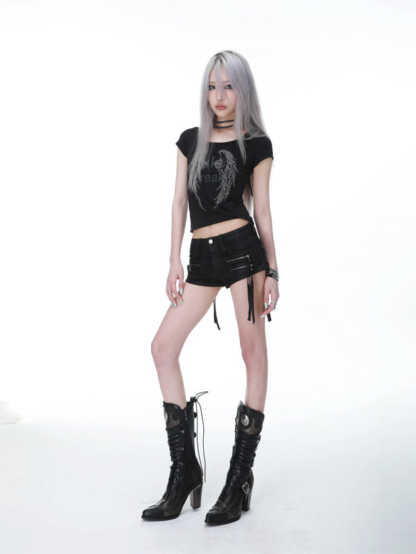 FRINGE LOW RISE DENIM SHORTS
