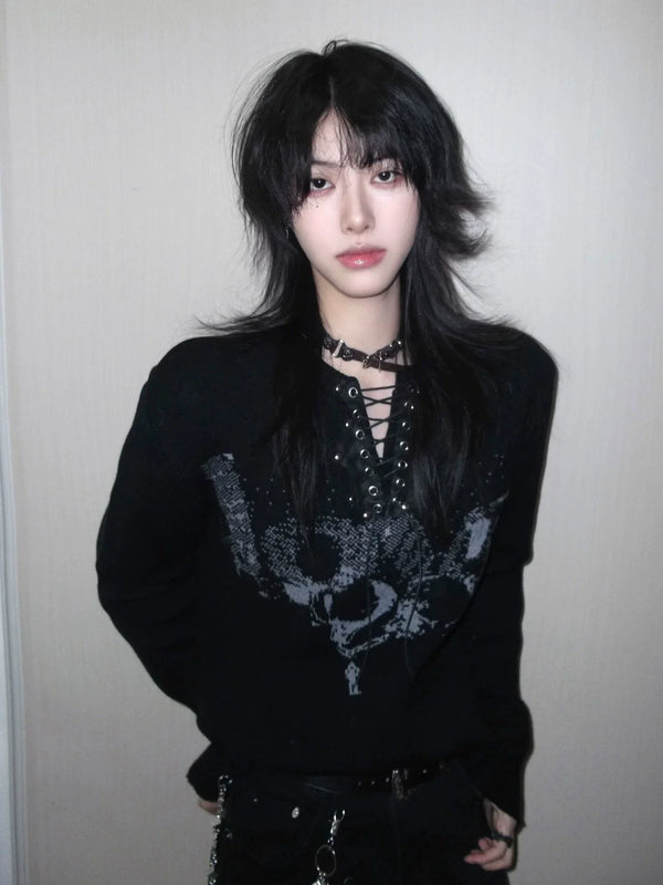 BLACK KNIT SWEATER WITH TIE COLLAR