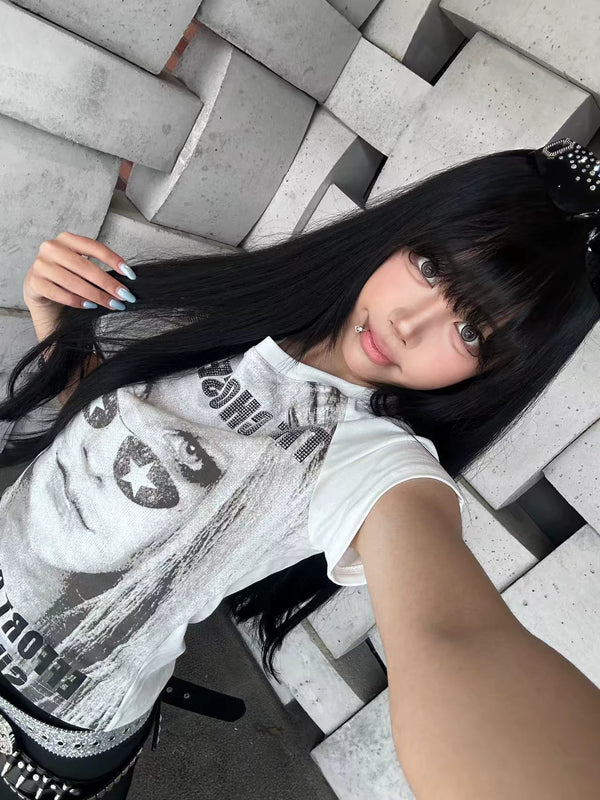 PUNK RHINESTONE SHOULDER T-SHIRT