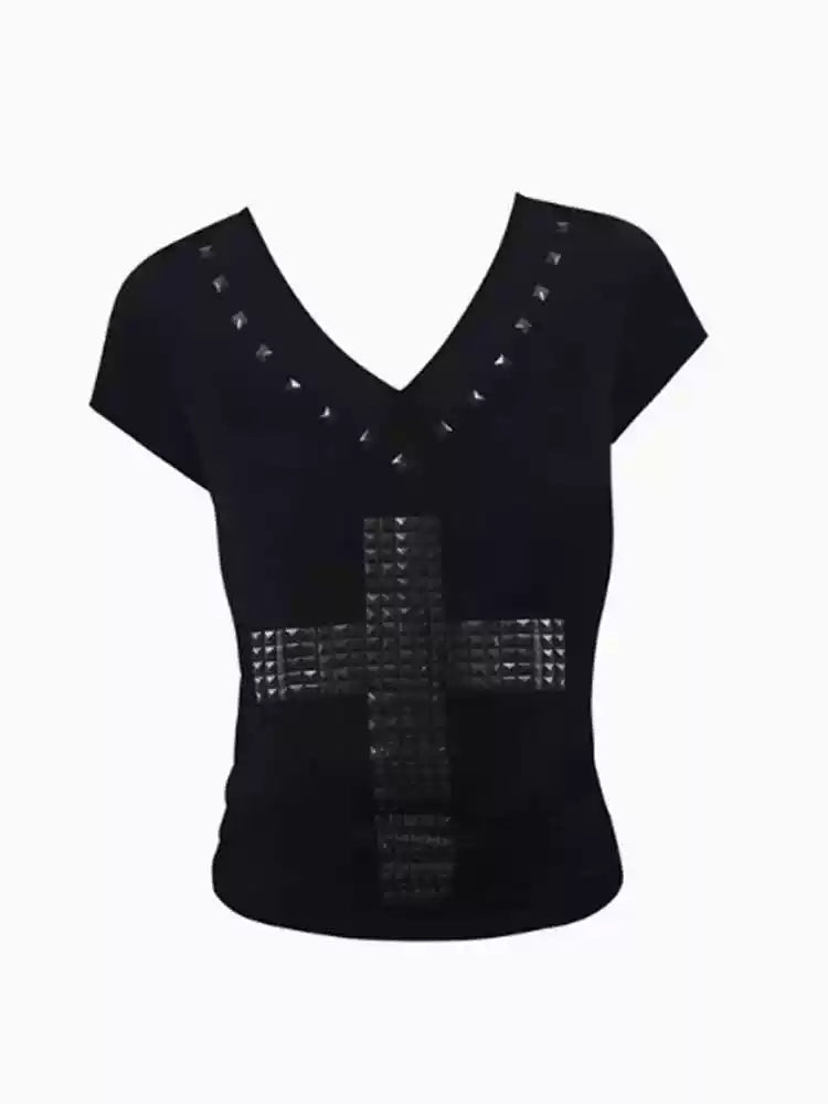 RHINESTONE V-NECK SLIM T-SHIRT
