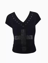 RHINESTONE V-NECK SLIM T-SHIRT