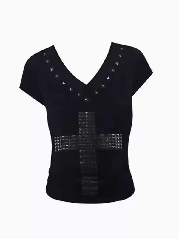 RHINESTONE V-NECK SLIM T-SHIRT