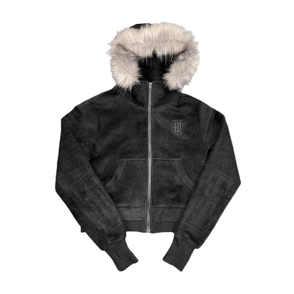 FUR HOODED SWEATSHIRT WITH TASSELS