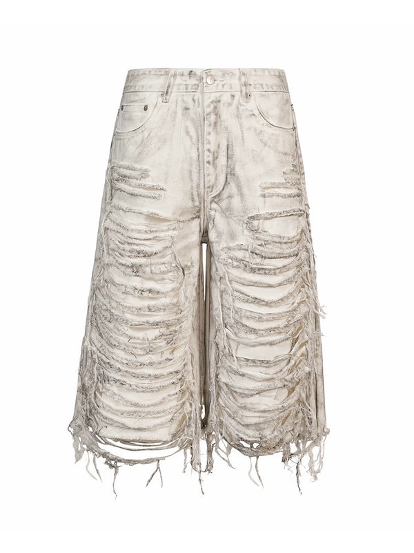 DESTROYED WHITE WIDE-LEG SHORTS