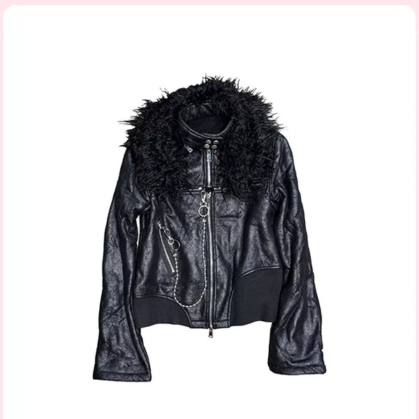 FUR COLLAR LEATHER JACKET