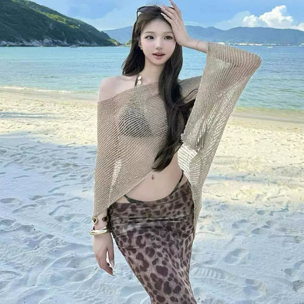 GOLD KNIT CARDIGAN AND LEOPARD BIKINI SET