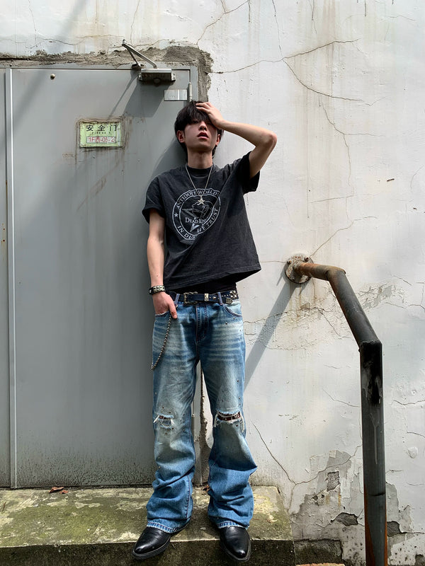 WASHED BLUE CHECKERED JEANS