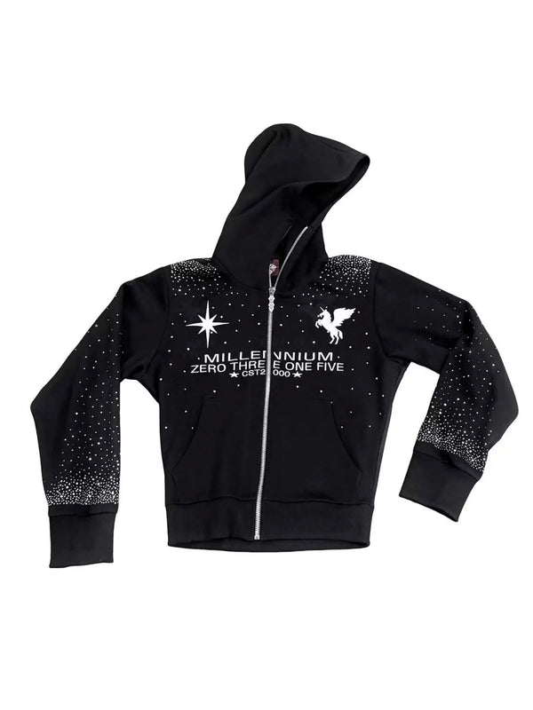 RHINESTONE ZIPPER HOODIE SWEATSHIRT