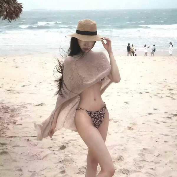 GOLD KNIT CARDIGAN AND LEOPARD BIKINI SET