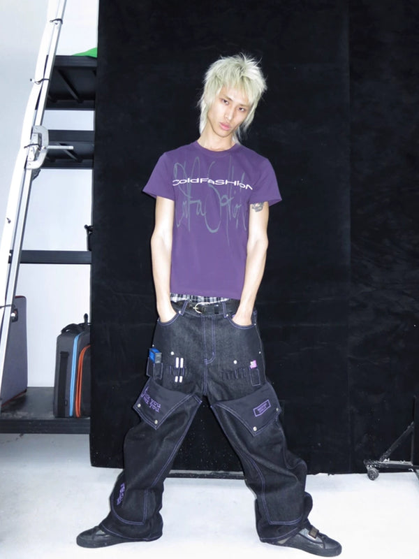 PURPLE PRINTED SHOULDER T-SHIRT