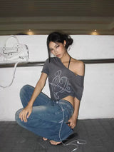 DISTRESSED IRREGULAR NECKLINE T-SHIRT