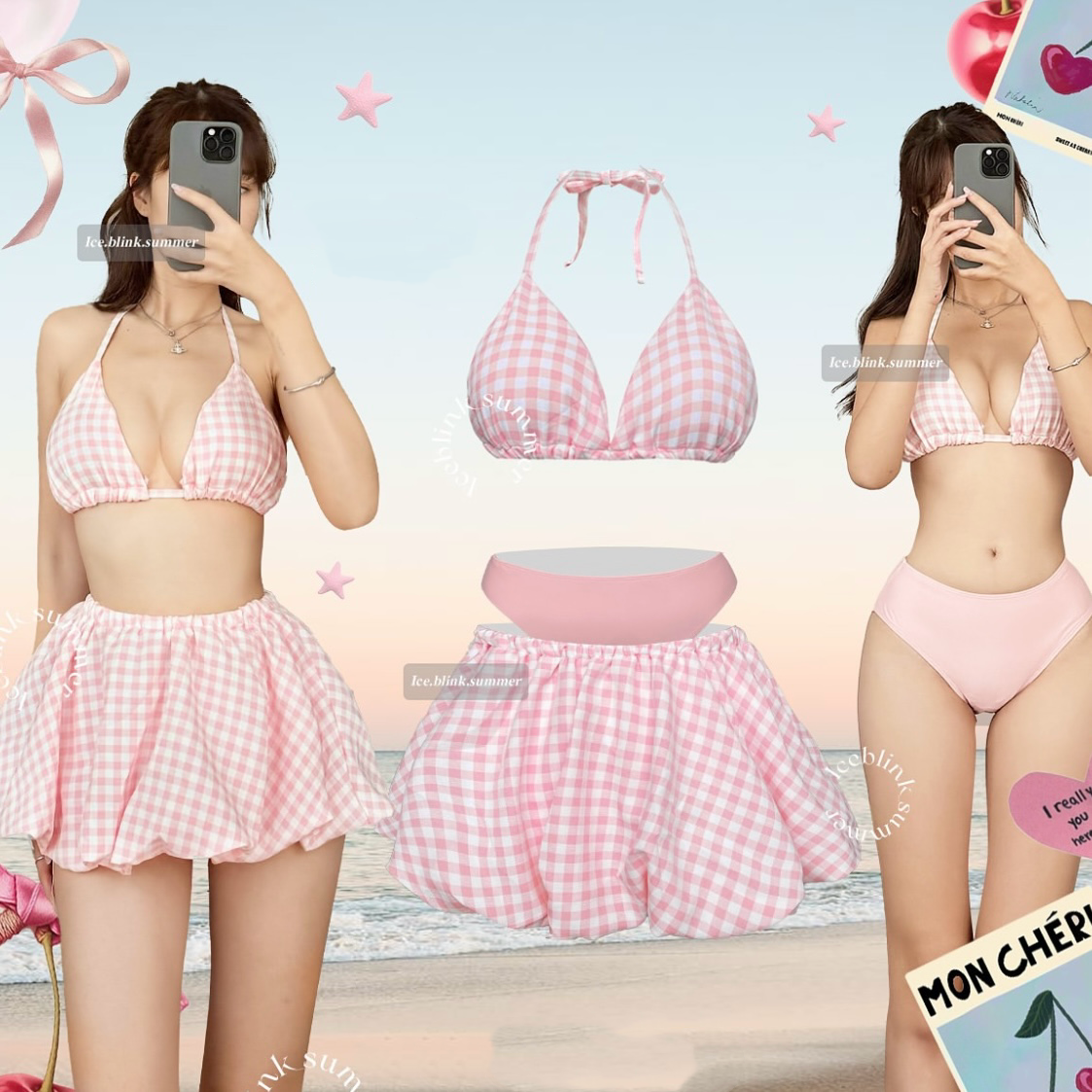 CUTE PINK CHECKERED BIKINI SET