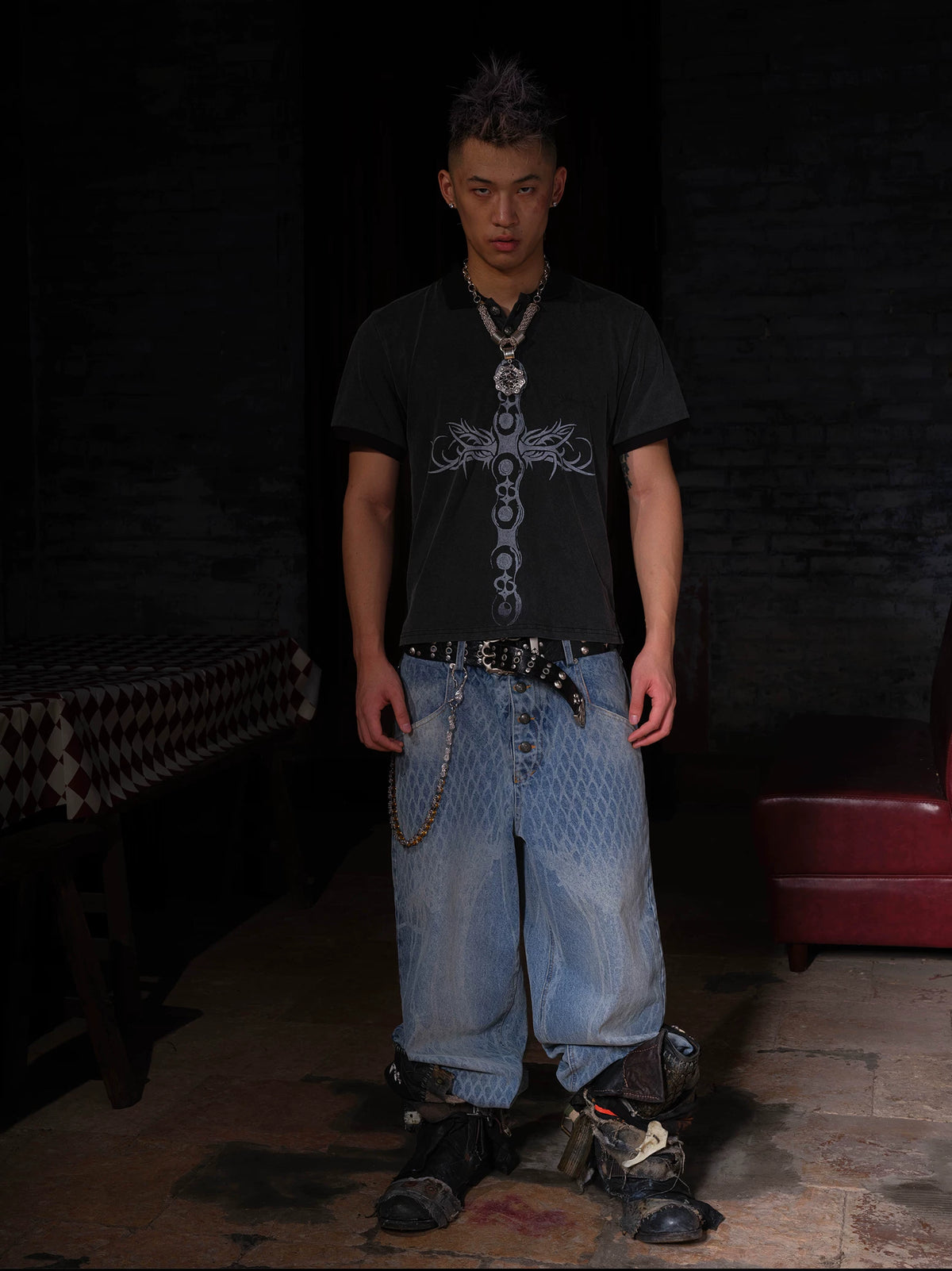 SPIDERWEB STRIPED BAGGY PANTS