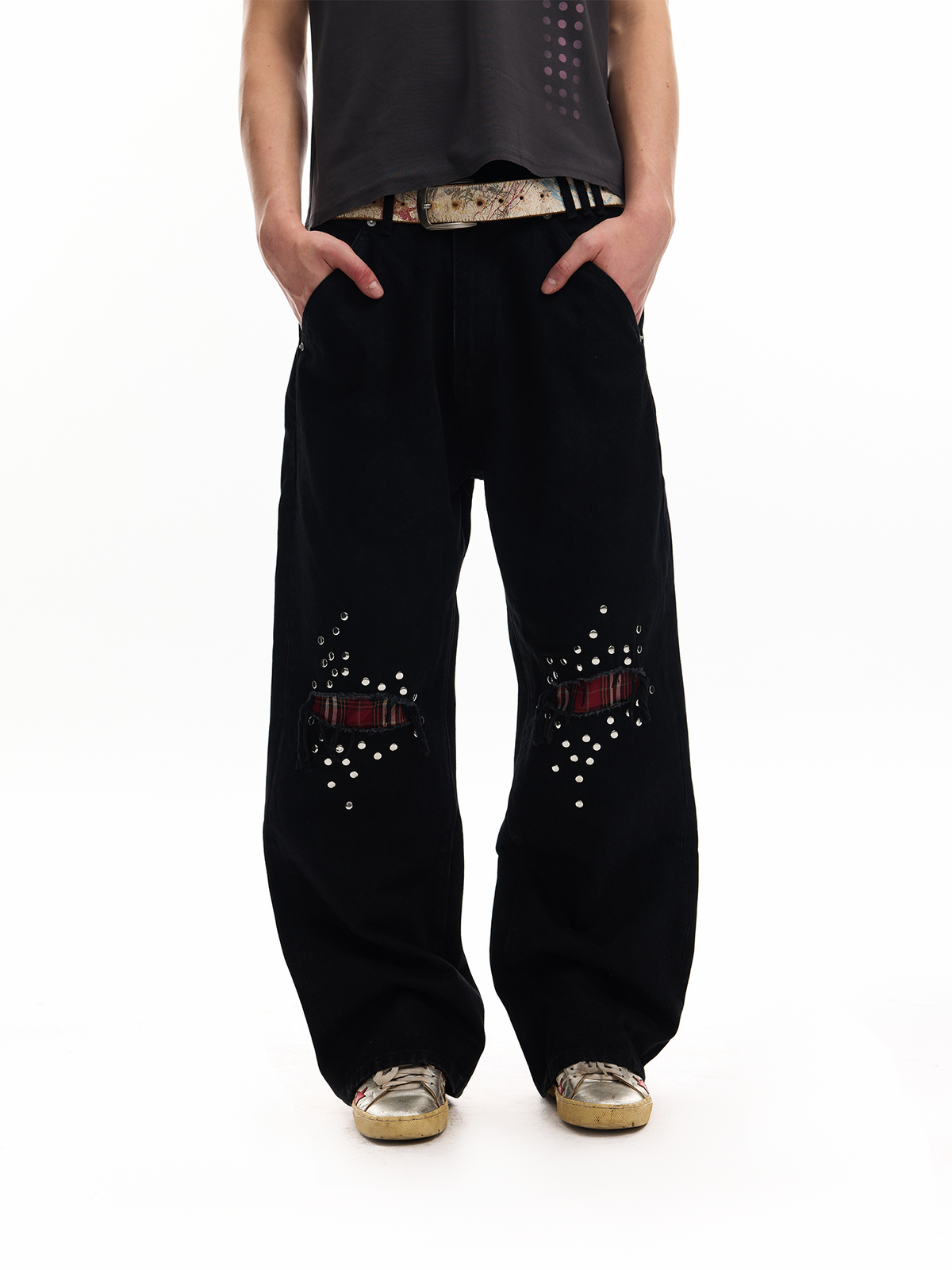 EMBELLISHED CHECKERED STREET JEANS
