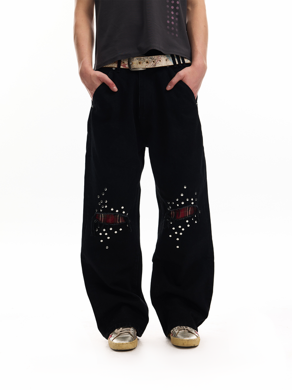 EMBELLISHED CHECKERED STREET JEANS