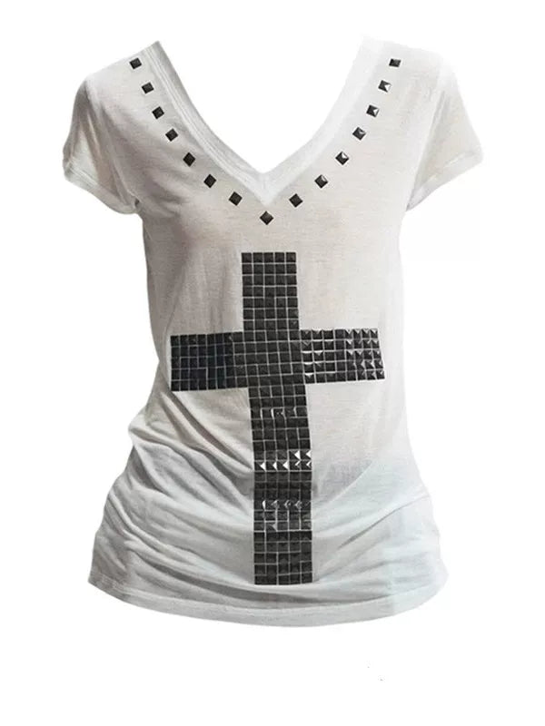 RHINESTONE V-NECK SLIM T-SHIRT