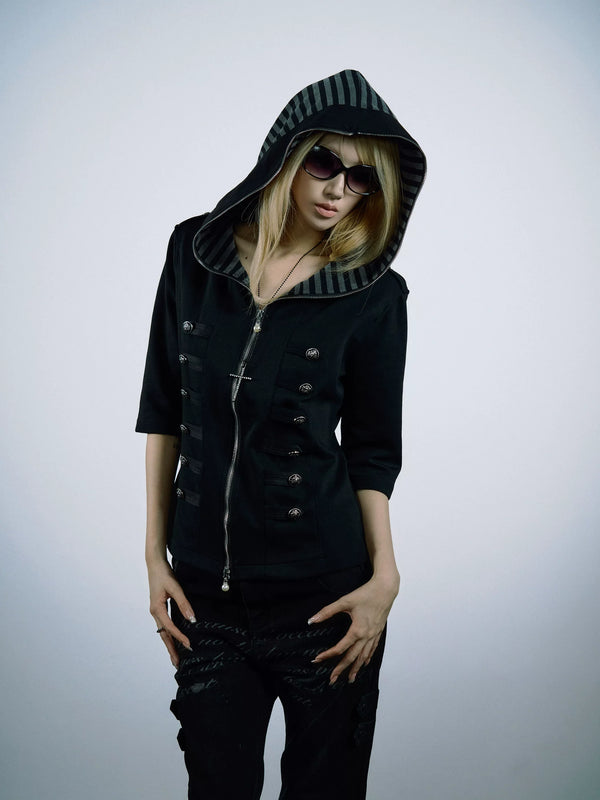 BUTTONED HOODED STRIPED T-SHIRT