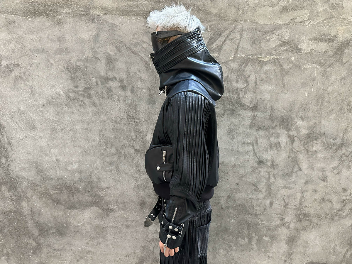 PLEATED LEATHER HOODED JACKET