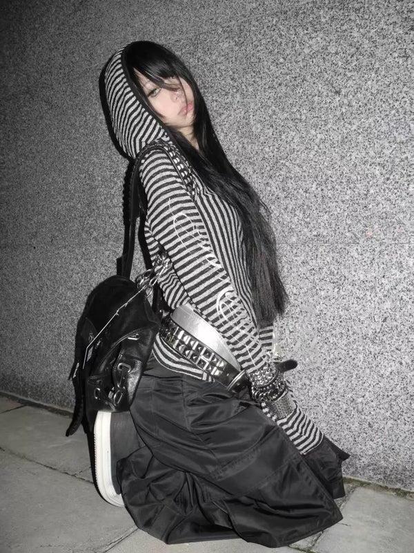 HOLLOW STRIPED LONG SLEEVE BLOUSE