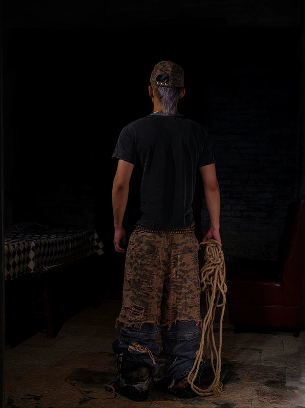 DESTRUCTION CAMOUFLAGE DENIM SHORTS