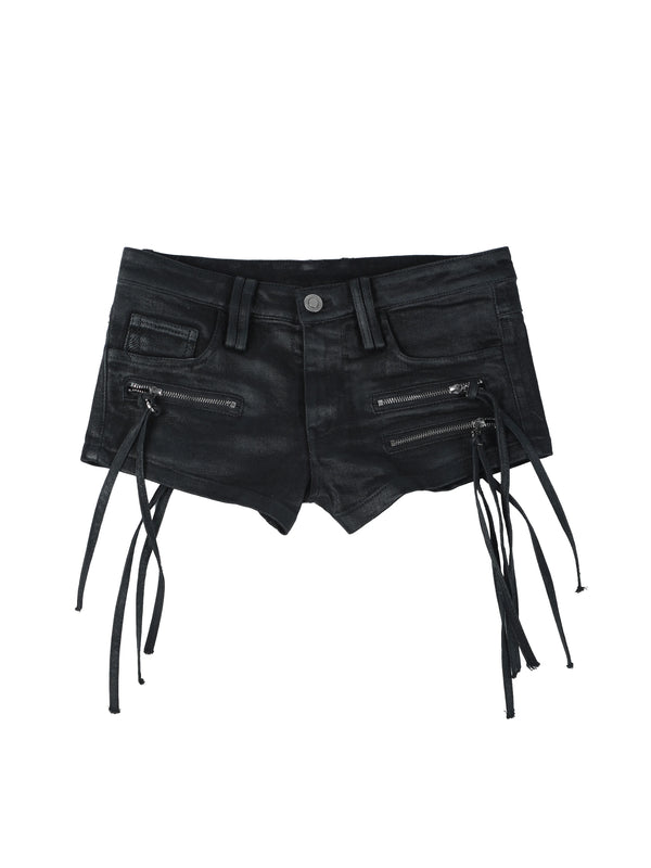 FRINGE LOW RISE DENIM SHORTS